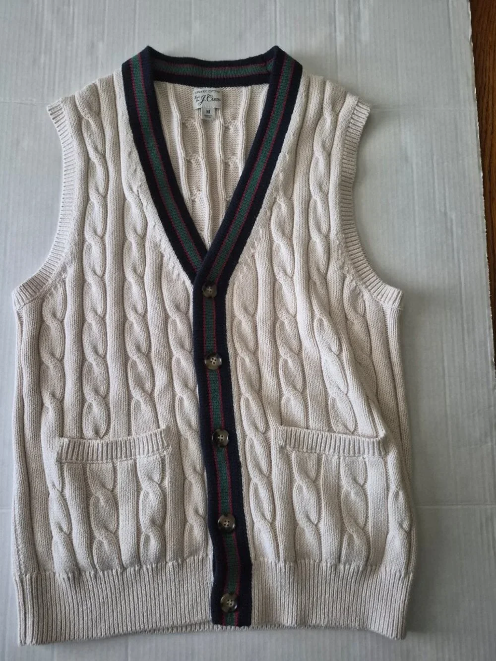 J Crew Organic Cotton Grandpa Core Cable Knit V-Neck Cardigan Vest
